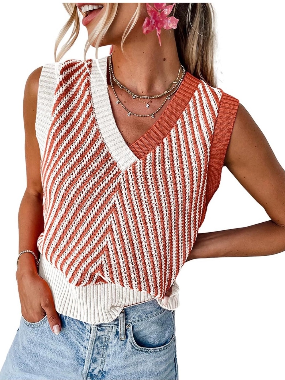 Sleeveless V-Neck Striped Knit Tank Top - White & Rust - Worn Once Size S